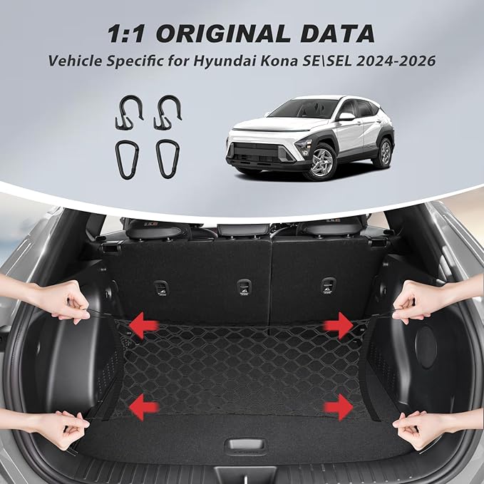 Karltys Envelope Style Cargo Net for Hyundai Kona 2024 2025 2026, Heavy Duty Rear Trunk Mesh Cargo Net for 2025 Kona Accessories, Elastic Nylon Mesh Storage Netting Organizer