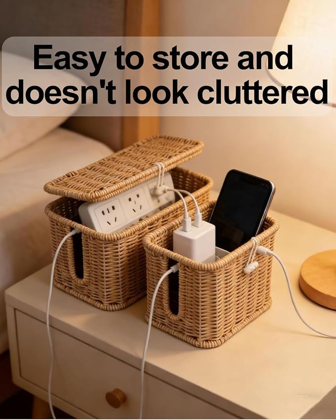 Handwoven Rattan Cable Management Box, Basket to Hide Cords, Open Slots Hider Boxes, Wicker Charging Station Storage Box, For Desk Outlet Covers for Power Strip TV Pc Router(Gray M)