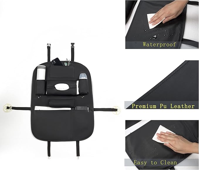 Premium PU Leather Backseat Seat Organizer with Foldable Table, Multi-Storage Pockets and Adjustable Buckle Strap - Beige
