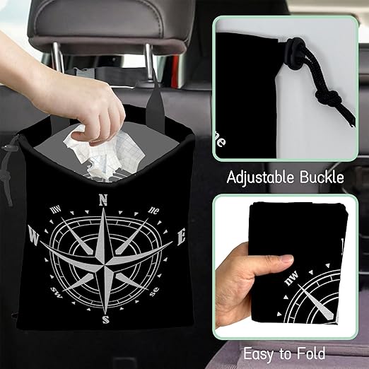 Compass Car Trash Bag,Hanging Drawstring Car Garbage Bag,Waterproof Canvas Car Back Seat Organizer with Adjustable Buckle,for Vehicles,SUVs,Camping,Road Trips