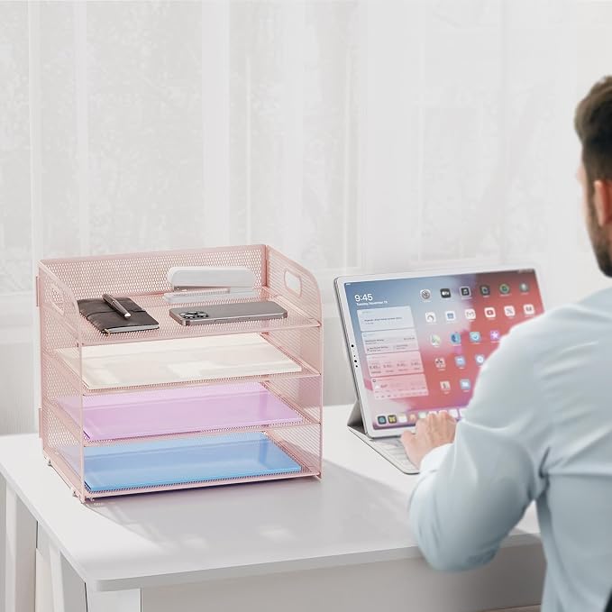 Marbrasse 2 Pack 4 Tier Paper Organizer Letter Tray - Mesh Desk File Organizer with Handle, Paper Sorter Organizer for Letter/A4 Office File Folder Holder (Pink, 12.6" x 9.1" x 10.7")