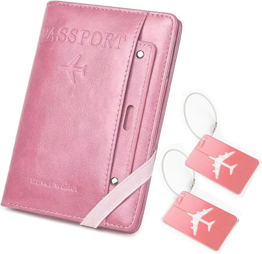 Passport Holder for Travel ，with 2 Luggage Tags,RFID blocking Passport Cover Wallet for Women Men, Waterproof PU Leather passport Book Card Holder Case Organizer Travel Essentials (Pink)
