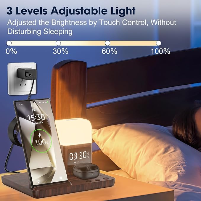Wireless Charger for Samsung/Android, 6 in 1 Phone Nightstand Charging Station Charger with Alarm Clock/Night Light for Samsung S26/S25/S24 Ultra/Buds4,Watch Charger for Galaxy Watch 8/7/6/5