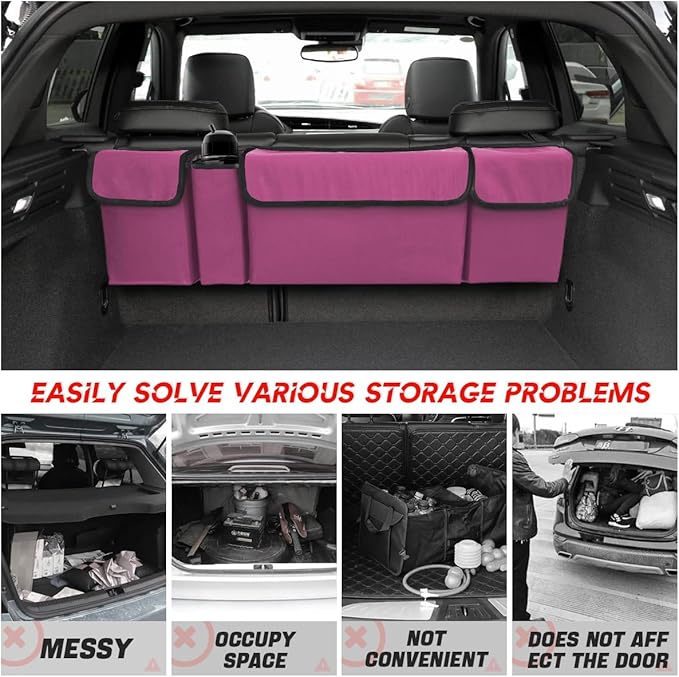BELOMI Car Trunk Organizer, Auto Waterproof Sturdy Backseat Hanging Large Storage Collapsible Cargo Bag with Anti-Slip Adjustable Strip&4 Pockets, Vehicle Interior Accessories(Purple)