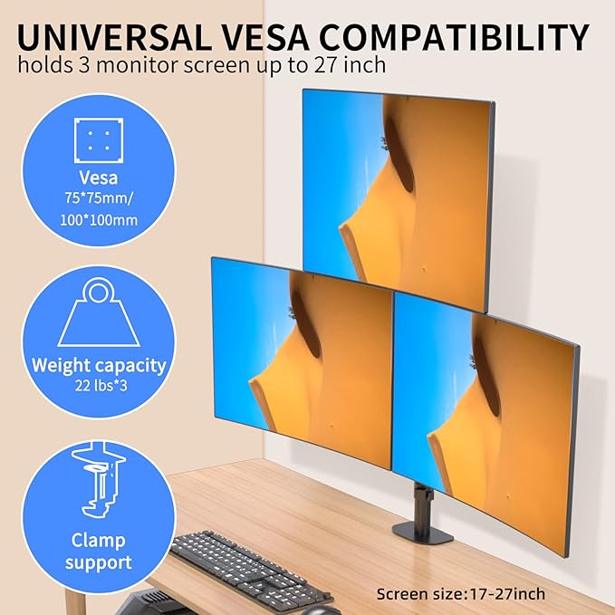 Pholiten Triple Monitor Stand,13 to 27 inch LCD Monitor Desk Mount,Extra Tall 31.5 inch Pole Heavy Duty Fully Adjustable Stand Mount