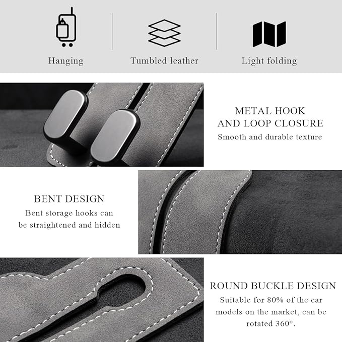 2 PCS Car Seat Headrest Hook, Back Seat Hanger with Double Flexible Leather Hooks, Soft Leather Double Headrest Metal Hooks Purse Handbag Organizer, Car Accessories (Black)
