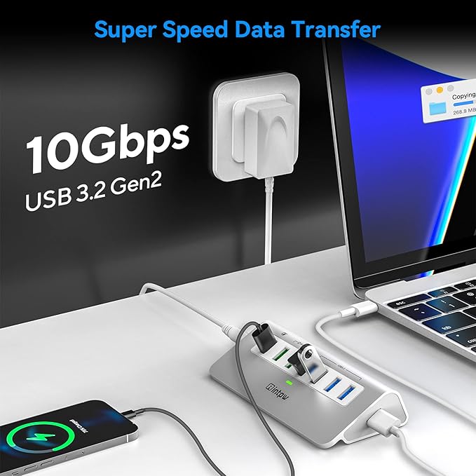 Powered USB Hub 10Gbps, 7 Port USB 3.2 Gen 2 Hub with 4 USB 3.2 Data Ports, 3 Fast Charging Ports, 36W Power Adapter, Type A and Type C Cable, Aluminum USB Data Hub for Mac, PC, Laptop