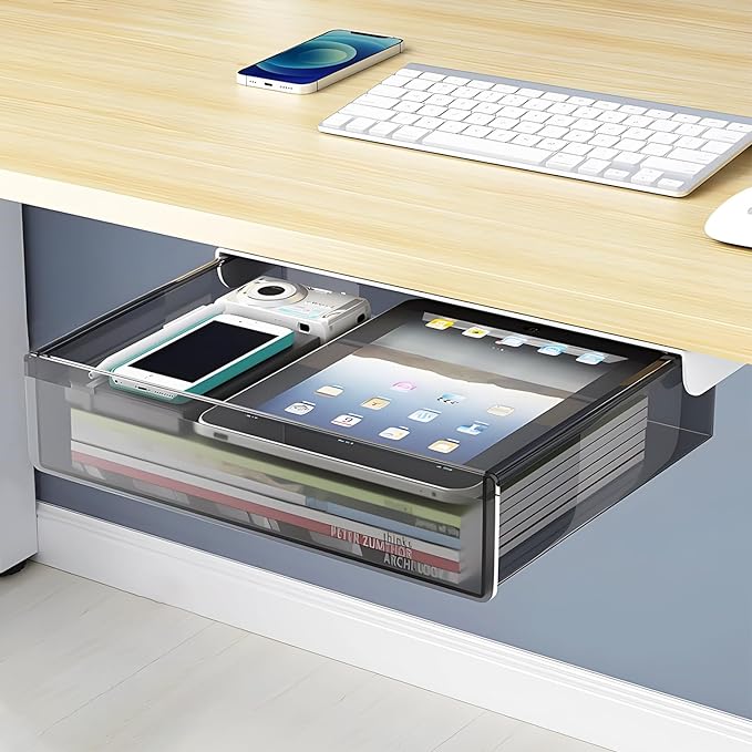 SVNNELP Large Under Desk Table Drawer Storage Organizer A4, Hidden Self-Adhesive Under Desk Pencil Tray Drawer for Office (Clear Black/L)