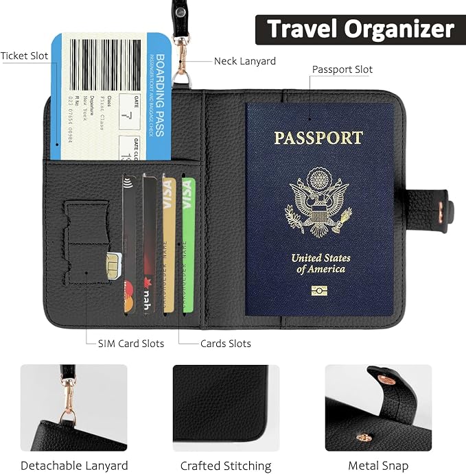 Passport Holder RFID Protected Wallet and Luggage Tag with Protection Cover Travel Accessories Leather Card Case Organizer for Women Men (Black)