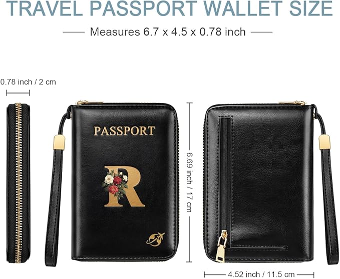 Passport Holder Cover Wallet with Zipper Personalized Initial Letter R Rose Flower RFID Blocking Travel Wallets Credit Cards Holder for Women, Gift for Wife and Girlfriend,R