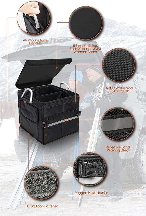 Small Trunk Organizer With Lid, For SUV Car Truck, Black 28L, Foldable Waterproof Oxford Fabric, 2-Compartments With Aluminium Alloy Handle