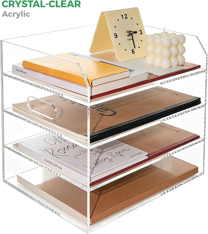 Paper Tray Organizer for Desk, 4 Tier Acrylic Desk Organizers and Accessories, One-Piece Integrated A4 Paper Organizer with Handles, Crystal-Clear Letter Tray & Office File Holder, Books Notes