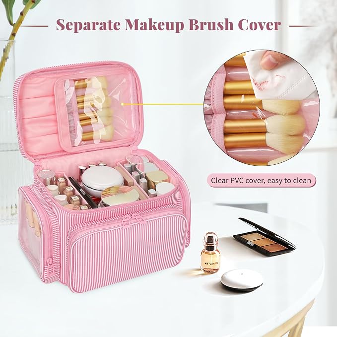 Large Makeup Bag, Portable Travel Makeup Bag Organizer for Women Girls with Makeup Brush Compartment & Two Side Pockets, Cosmetic Travel Bag Vertical Storage Toiletry Bag - Pink Stripe