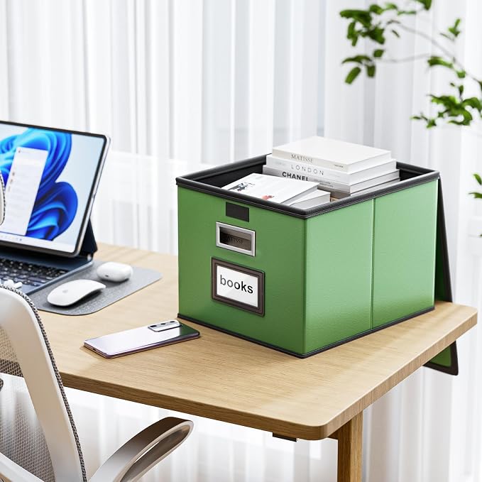 Portable Leather File Organizer Storage Boxes, Collapsible File Folder Organizer Boxes with Lids, Document Organizer, Decorative Filing Box Cabinet for Letter/Legal File Folder Storage