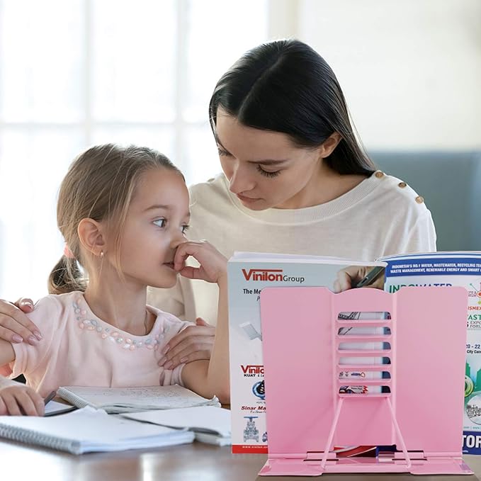 Blizzow Desk Book Stand Holder - Hands Free, Adjustable Metal Stand, Foldable Portable Bookstand - Cookbook, Recipe, Tablet, Music, Documents (Pink)