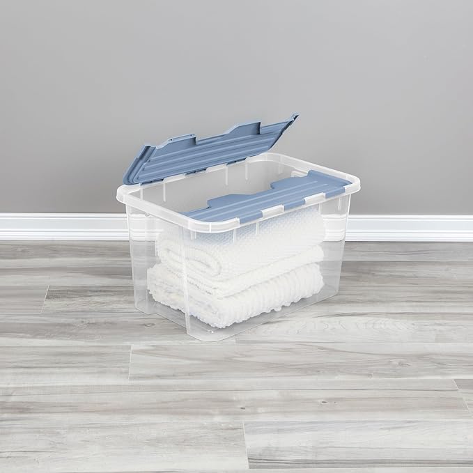 Sterilite 12 Pack Hinged Lid Storage Box, 60 Qt Plastic Container, Washed Blue - Home Organizer Tote for Storing Shoes, Crafts, Clothing, or Decor