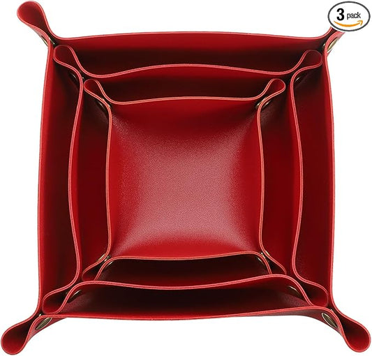 uxcell 3 Pack PU Leather Tray, Jewelry Tray for Women and Men, Glossy Leather Desk Organizer Portable Catchall Tray for Jewelry Key Coin Watch Wallet, Red