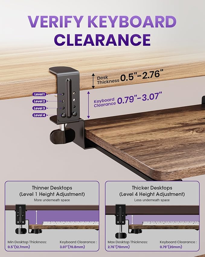 Ergonomic Mouse & Keyboard Tray Under Desk, Pull Out with Adjustable C-clamp, 20 (25.9 Including Clamps) x 11.8 Inch Slide Out Computer Keyboard Drawer Mouse Tray for Typing, Rustic Brown
