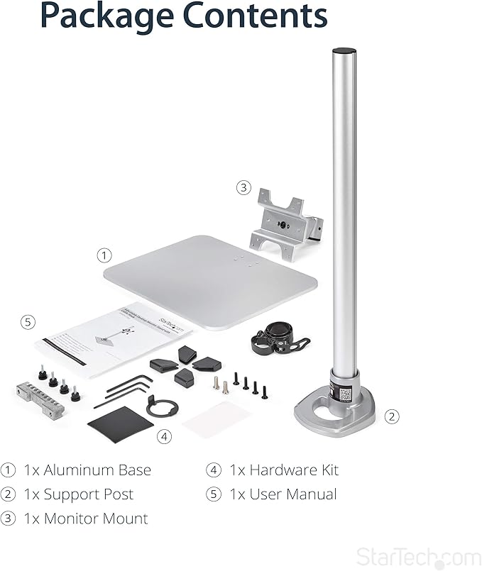 StarTech.com Single Monitor Stand, Adjustable, Supports UHD, iMac and Apple Thunderbolt Displays from 12'' to 34" (30.9lb/14kg), Premium Single Screen VESA Monitor Mount Stand, Silver, TAA