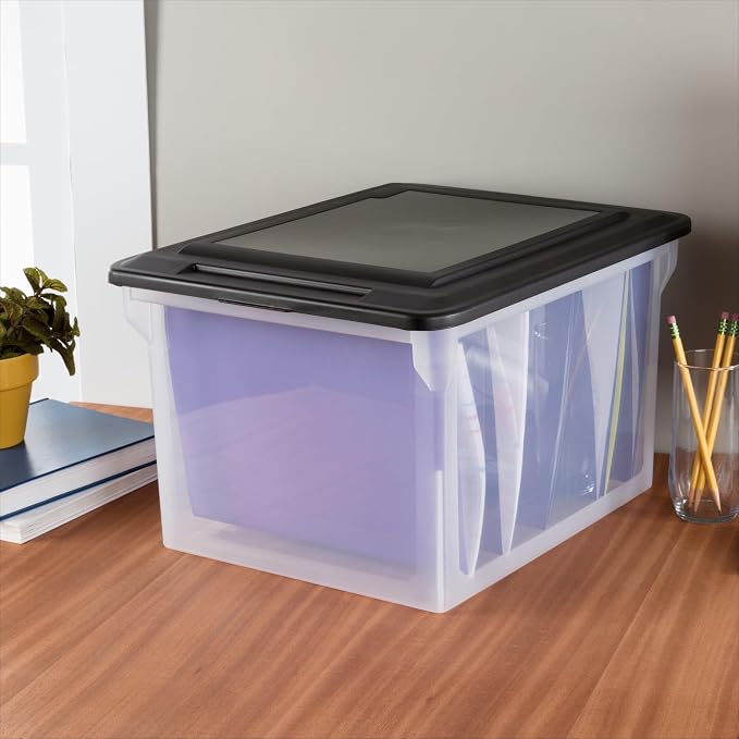 Plastic File Box Clear Storage Bins with Black Lids Letter or Legal-Sized File Storage Container, Stackable, Nestable