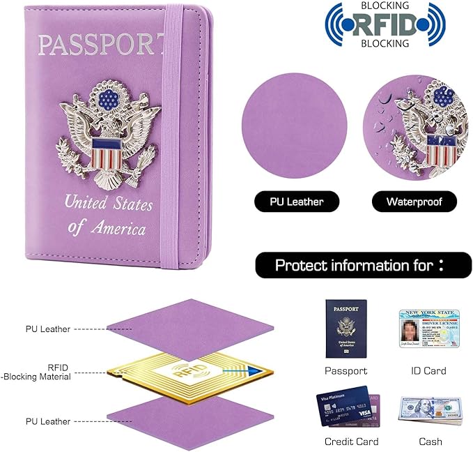 Cnycmy Passport Holder for Travel, Pu Leather Travel Wallet, RFID Blocking, Metal United States Coat of Arms, Waterproof cover for Family (Purple)