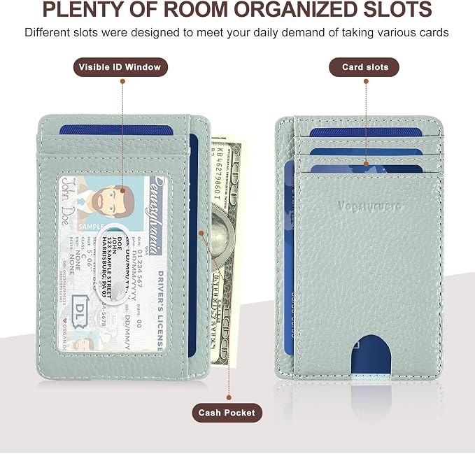 Slim Minimalist Front Pocket Thin Wallet RFID Blocking 100% Genuine Leather Credit Card Holder for men Women, with Gift Box-Lichee Blue Grey