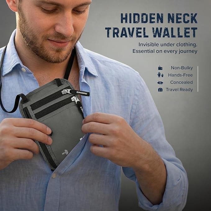 Neck Wallet for Travel & Passport Holder with RFID Blocking - Slim & Easy to Conceal Nylon Travel Pouch for men & women - Holds Phone, Cash, Cards, Keys - Sweat & Water Resistant - Large - Light Grey