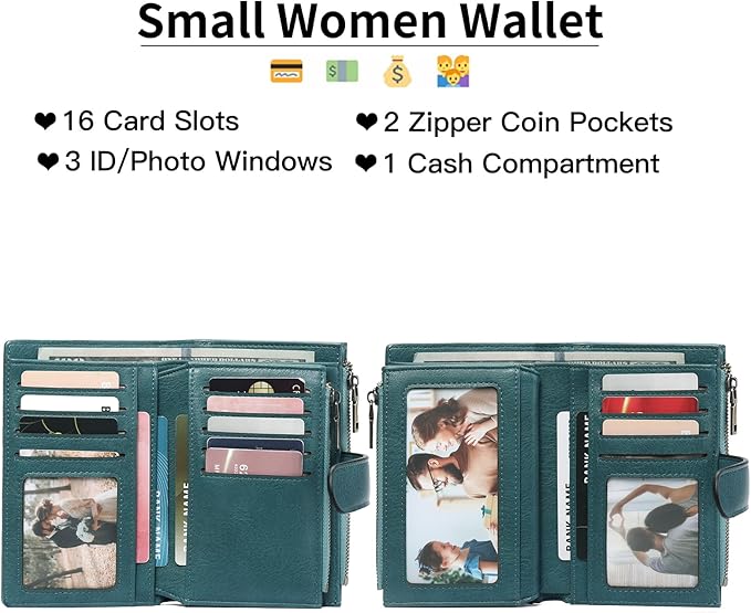 GOIACII Womens Wallets RFID Blocking Leather Trifold Clutch Wallet Credit Card Holder Ladies Purse 3 ID Windows Teal