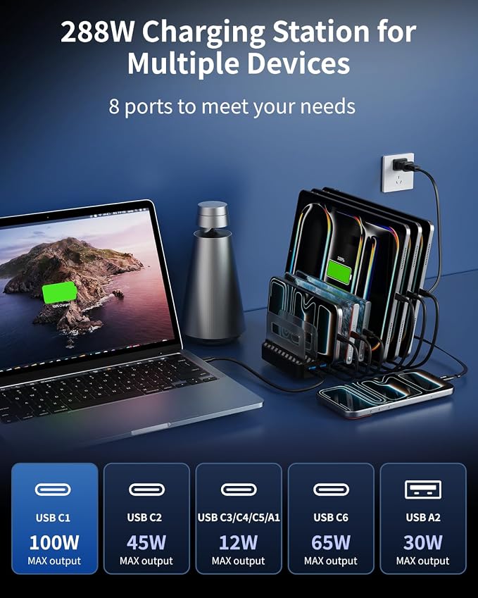 288W Charging Station for Multiple Devices, 8-Port Multi USB C Fast Charger Station Dock with Adjustable Dividers & 7 Cables,Multi-Purpose Desktop and Wall Fast Charger for iPhone, iPad,Tablets & More