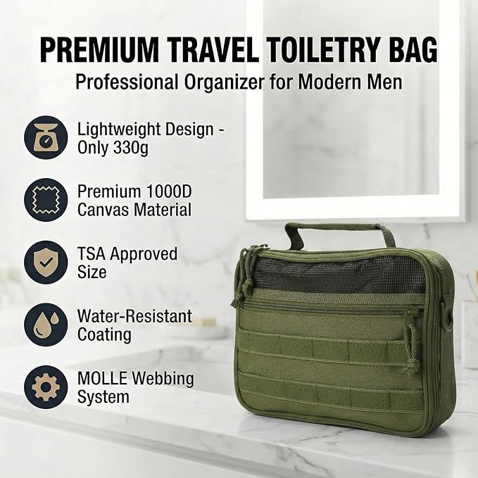 VELVEBAG ﻿Tactical Toiletry Bag for Men, Mens Toiletry Travel Bag, Hanging Dopp Kit Waterproof TravelShaving Hygiene Bag, Bathroom Multi-pocket Organizer, for Short Trips, Camping & Gym, Green