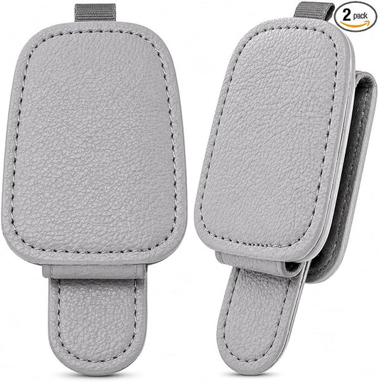 Magnetic Sunglasses Holder for Car Visor, Leather Visor Clip with Card & Ticket Slot, Secure No-Scratch Design, 2-Pack (Gray)