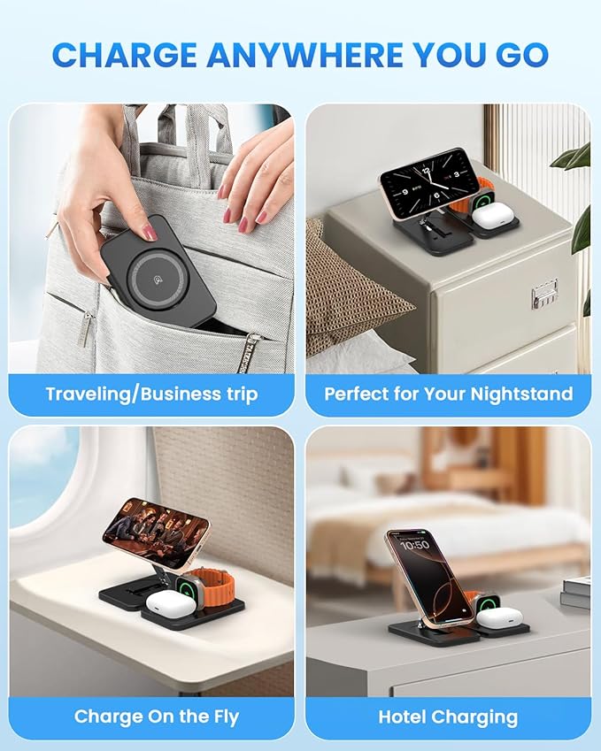 Charging Station Magnetic for iPhone Mag-Safe: JoyGeek 3 in 1 Foldable Wireless Charger for iPhone 17-12 Pro Max Plus, Travel Charger for AirPods, A-pple Watch 11-2 Series