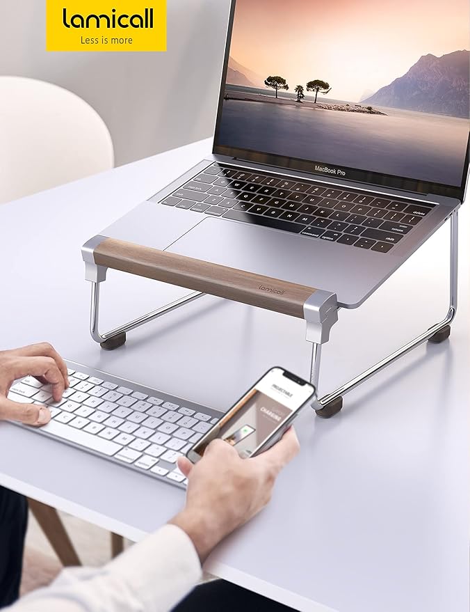 Lamicall Laptop Stand for Desk - Aluminum and Walnut Desktop Notebook Stand Holder, Ergonomic Laptops Holder for MacBook Air/Pro, Dell, Hp, Msi, Asus, Acer, Chromebook, Surface Pro and 10-16'' Laptop