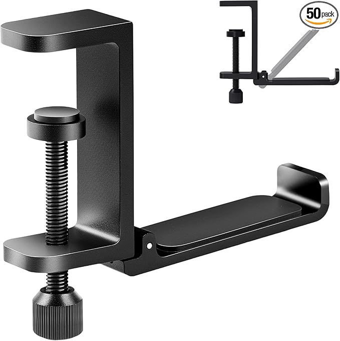Metal Heavy Duty Foldable Headphone Holder for Desk, Headset Stand for Desk,Backpack Holder Hook for Desk,Bag Hook Under Desk,Clamp Hook for Desk Attachments,Black