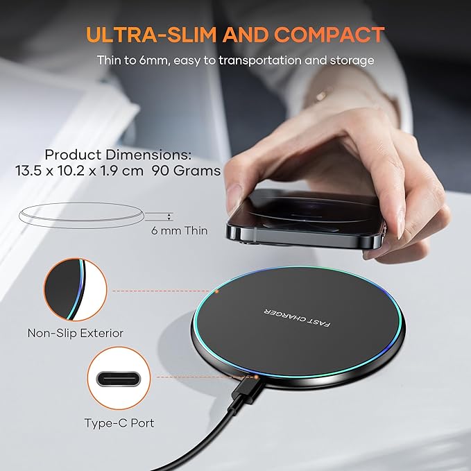 Wireless Charger Compatible with iPhone 17 16 15 14 13 12 11 Pro Max/Mini/Plus/XR/X/8, 15W Max Fast Wireless Charging Pad Mat for Samsung Galaxy S23/S22/S21/S20/S10, Galaxy Buds