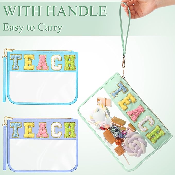 Abbylike 12 Pcs Snack Bags Clear Chenille Letter Teach Zipper Pouch Waterproof PVC Large Travel Makeup Cosmetic Storage Organizer Bag for Mom Team Cheerleaders Teacher (Multicolor)