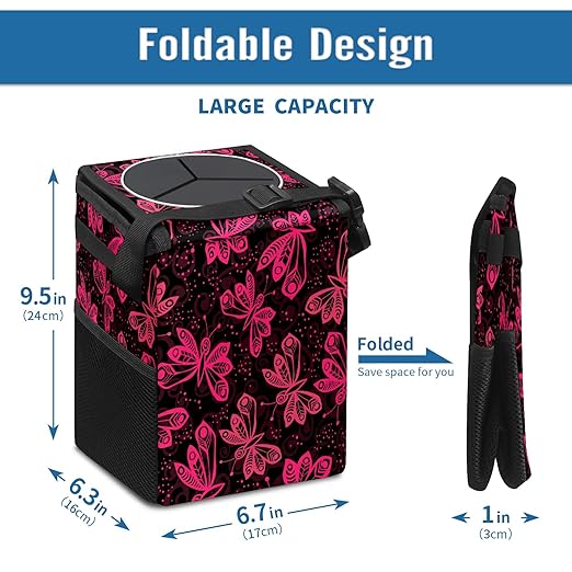 Car Trash Can Rose Pink Butterflies Auto Garbage Bag Car Trash Can with Lid Leak-Proof Car Storage Bag Auto Garbage Bag Hanging for Headrest Collapsible and Portable with Storage Mesh Pocket