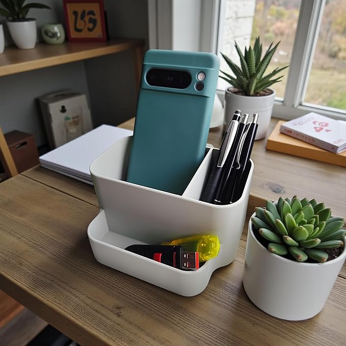 Desk Organizer with Phone Holder – Minimalist Office Storage for Pens, Accessories & Essentials – Modern Aesthetic Desk Organizer (Black)