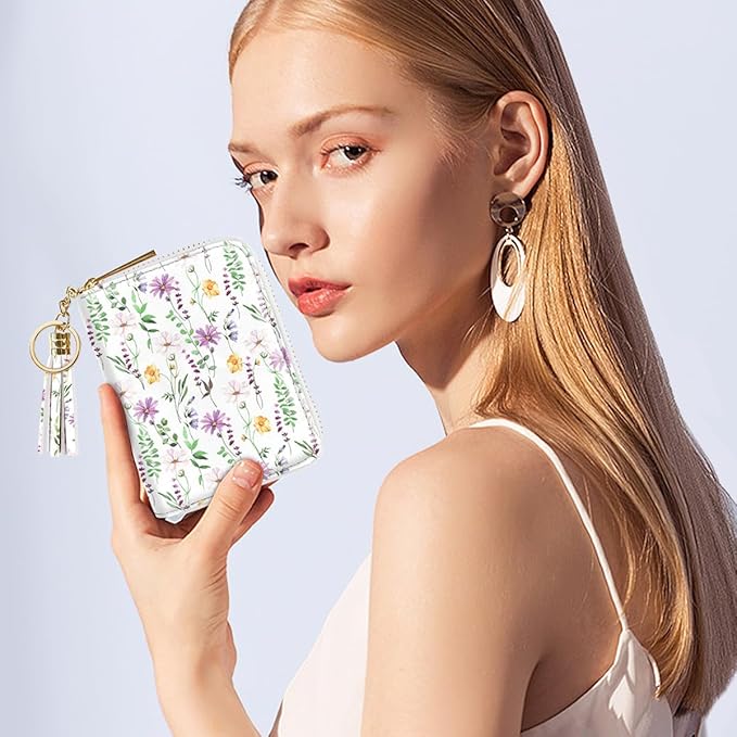 Coco Rossi Leather Credit Card Wallet for Women, RFID Blocking Zipper Cards Holder with Tassel, White Daisy