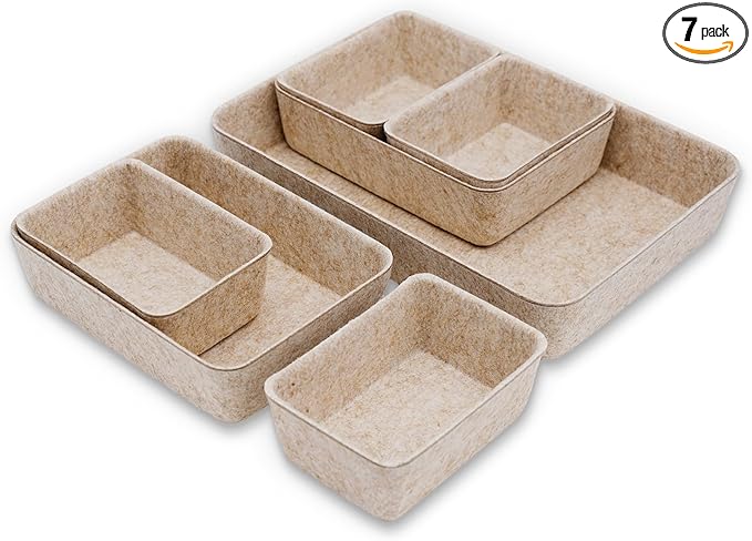 Welaxy Office Drawer organizers felt storage bins Shallow Small Desk trays Draw dividers Nordic Lifestyle Natural Scandinavian-chic style 7-piece (Oatmeal)