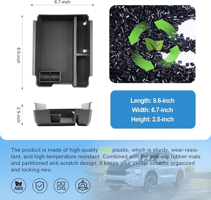 2025 2026 Outlander Center Console Organizer for Mitsubishi Outlander (ES/SE/SEL/Platinum/Taril Edition), Durable ABS Plastic&Anti-Slip Rubber Armrest Tray Insert 2026 Outlander Accessories