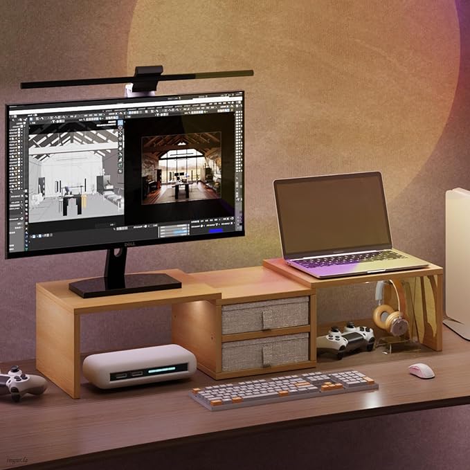 TEAMIX 42 inch Dual Monitor Stand Riser with 2 Drawers- Length and Angle Adjustable 3 Shelf Riser with Storage Desk Organizer Computer Monitor Stand for 2 Monitors/Laptop/PC,Screen/TV Stand Riser