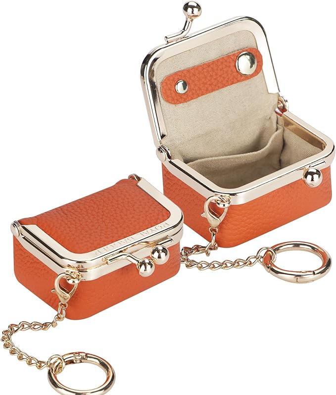 Royal Bagger Genuine Cow Leather Mini Jewelry Box Women's Coin Purse Solid Color Kiss Lock Change Pouch Casual Style Small Storage Bag for Women 1894 (Orange with Chain)