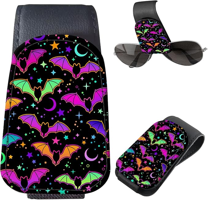 Sunglasses Holder for Car Visor, PU Leather Glasses Clip Organizer, Cute Magnetic Eyeglass Holder for Vehicle Sun Visor, Car Interior Accessory for Women & Men Purple Bats Sky