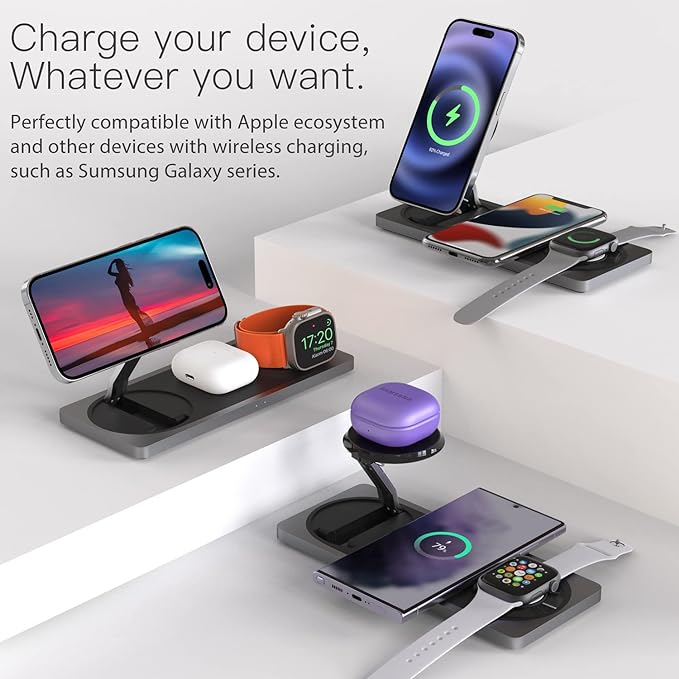 3-in-1 Charging Station for Apple Devices: Used for iPhone and Watch Charging Station with Magsafe Charger Stand, Wireless Charger for iPhone 17 Air 16 15 14 13 Series, Apple Watch Ultra, AirPods Pro