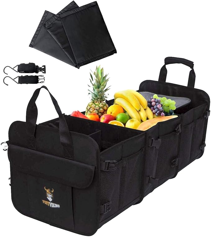 Tuff Viking Convertible Large 3 Compartment SUV Trunk Organizer with Cover | Truck Bed Organizer | for Trucks, Cars, SUVs and Groceries with Tie Down Straps. (5 in 1, Black)