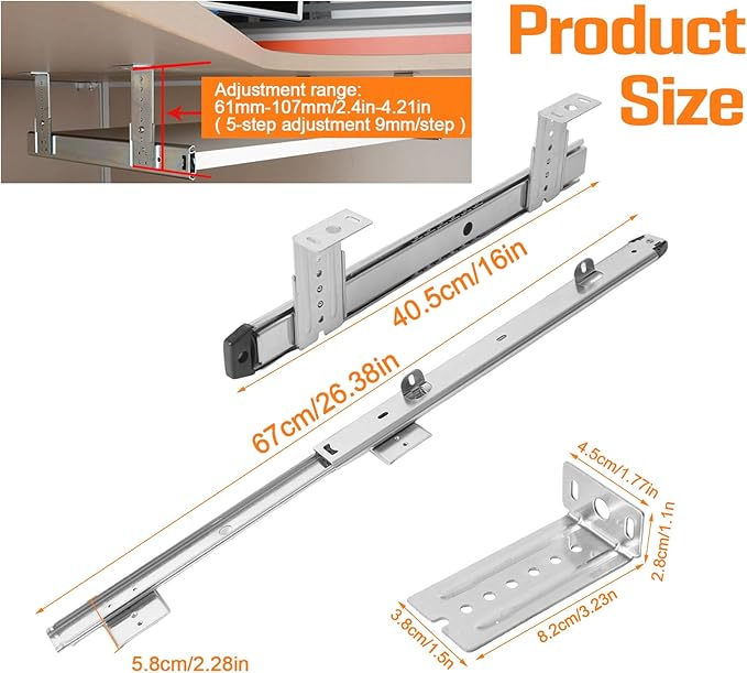 Under Desk Keyboard Tray Pull Out Slide Height Adjustable Slide Out Keyboard Draw Holder Track Full Extension Ball Bearing Under Table Lift Bracket for Mounting Music Keyboard Piano Without Tray