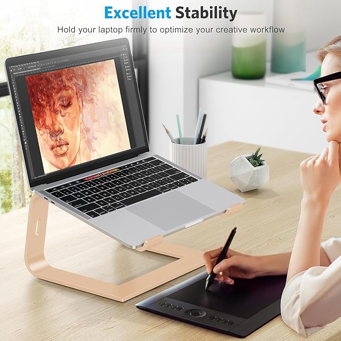 OMOTON Laptop Stand, Detachable Laptop Mount, Aluminum Laptop Holder Stand for Desk, Compatible with MacBook Air/Pro, Dell, HP and All Laptops (11-16 inch), Gold