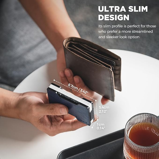 VULKIT Men's Metal Wallet with Money Clip Slim Credit Card Holder, Minimalist Business Card Case Front Pocket Wallet for Men(Retro Navy)