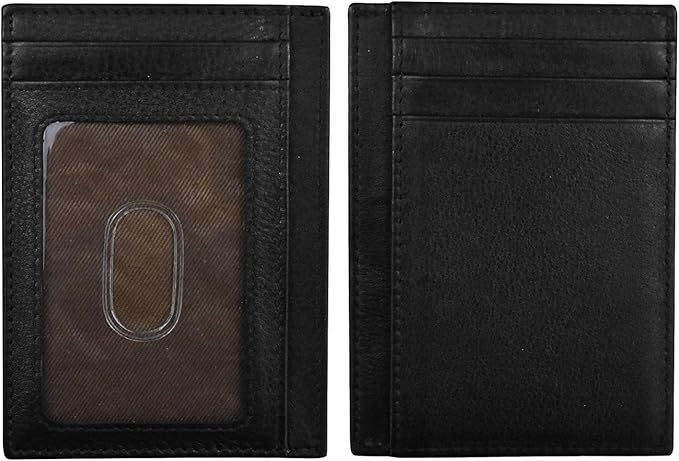 ili New York Genuine Leather Slim RFID Card Holder for Men - 7 Slots, Clear ID Window with Thumb Slide, Compact 4.5" x 3", Minimalist Credit Card Holder for Front or Back Pocket - Black